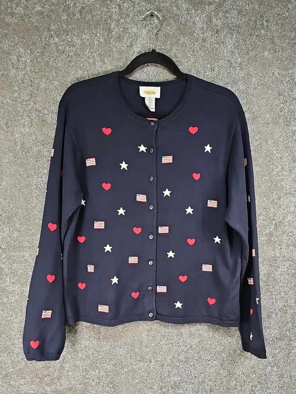 Talbots American Flag Hearts & Stars Cardigan Sweater, Navy Red White, Size XL
